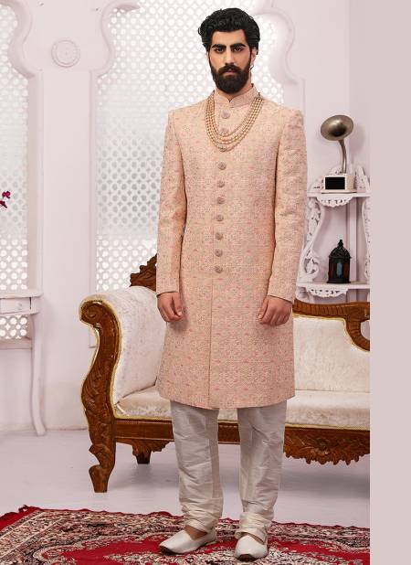 Peach Colour Heavy Wedding Wear Embroidery Work Sherwani Groom Latest Collection 9018